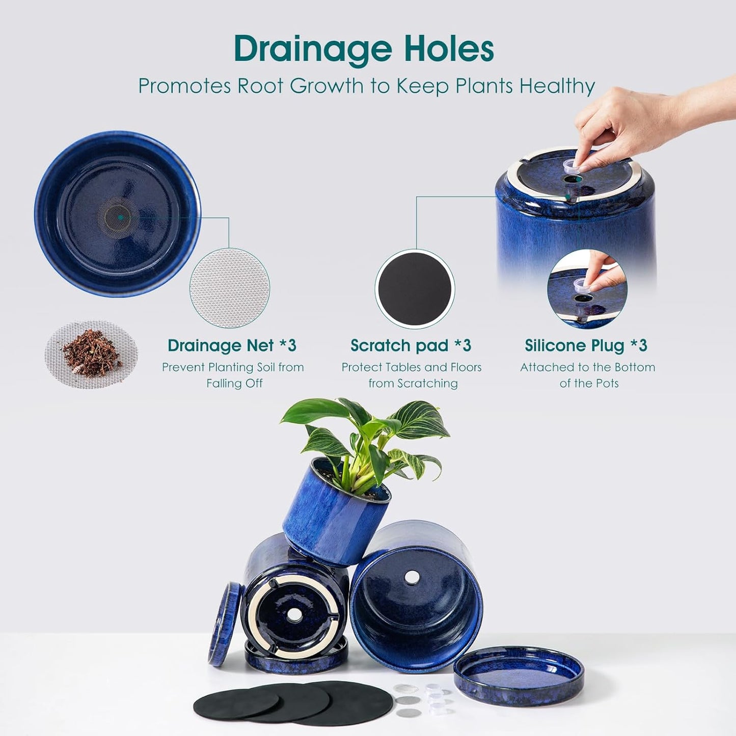 vancasso Ceramic Plant Pots, 3 Piece Planters for Indoor Plants, 4.25+5.25+6.25 Inch Flower Pots with Drainage, Plant Pots Indoor for Succulent, Pothos, Snake Plant and Money Tree, Etc (Blue)