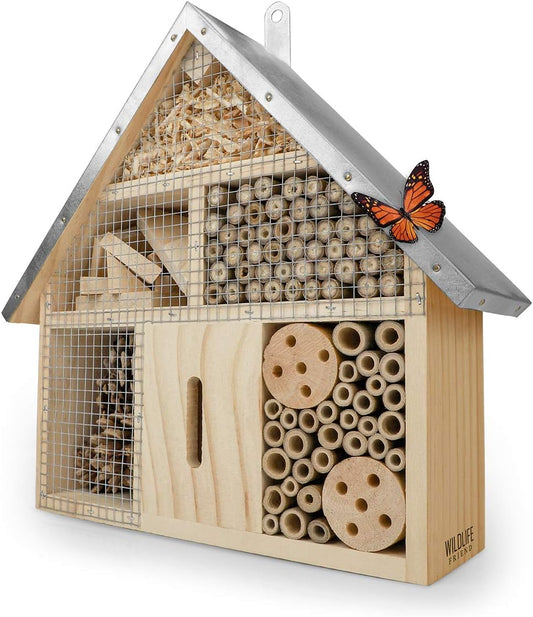 Insect Hotel - Pollinator House and Bug Condo for a Snug Home Outdoors - Garden Habitat for Bees, Ladybugs, and Butterflies - Natural Wood and Metal Construction - 10 x 3X 11 inches