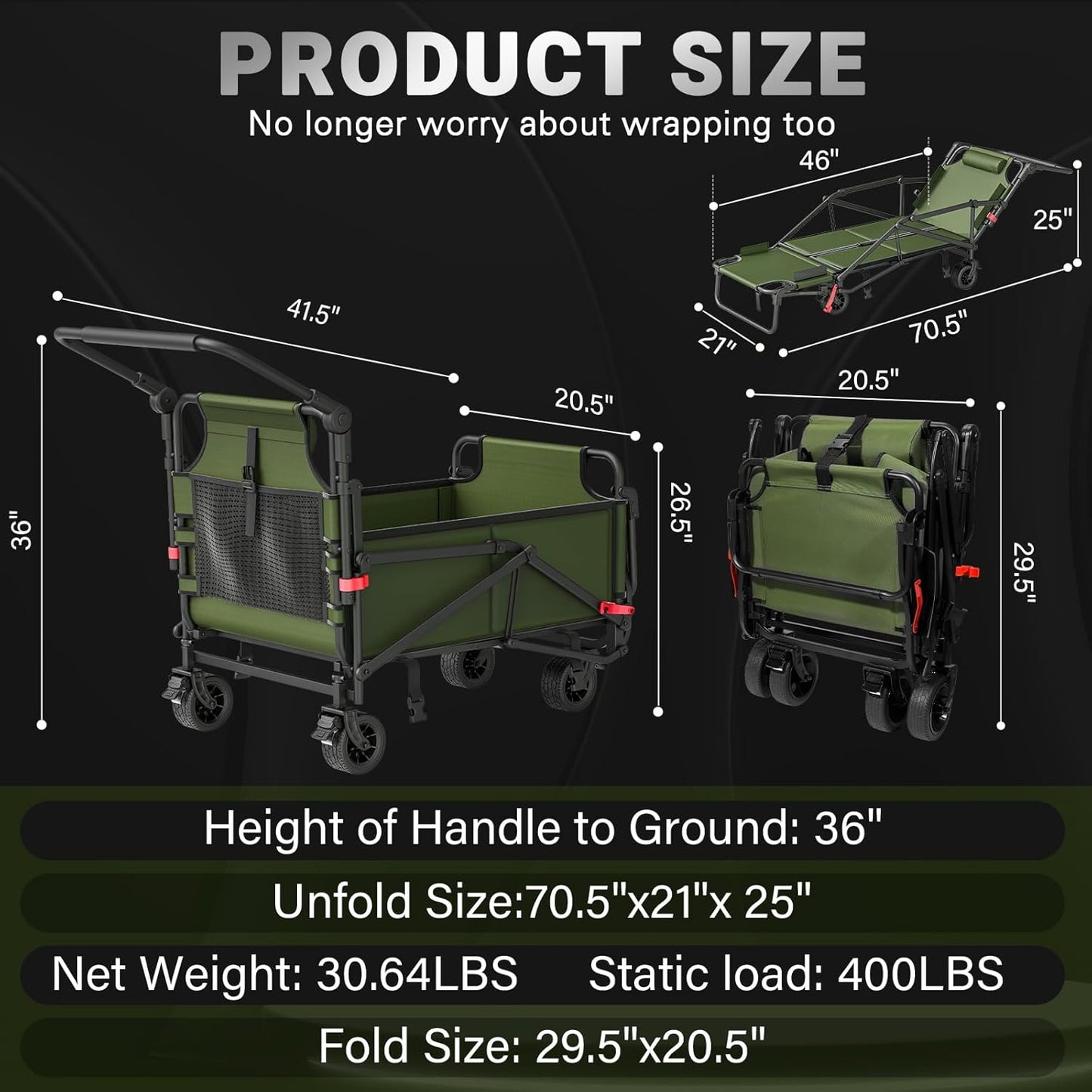 LEVELEVE Heavy Duty Folding Wagon - 2-in-1 Collapsible Cart, 400lb Capacity, All-Terrain Wheels w/Brakes & Side Pockets (Army Green)