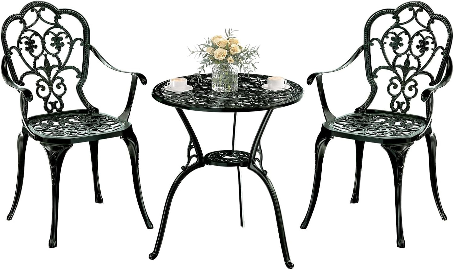 Patio Bistro Set of 2, Cast Aluminum, Outdoor Set w/Umbrella Hole, 3 Piece Table and Chairs Set, Bistro Set for Backyard/Garden/Lawn, Green