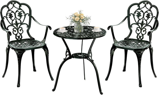 Patio Bistro Set of 2, Cast Aluminum, Outdoor Set w/Umbrella Hole, 3 Piece Table and Chairs Set, Bistro Set for Backyard/Garden/Lawn, Green