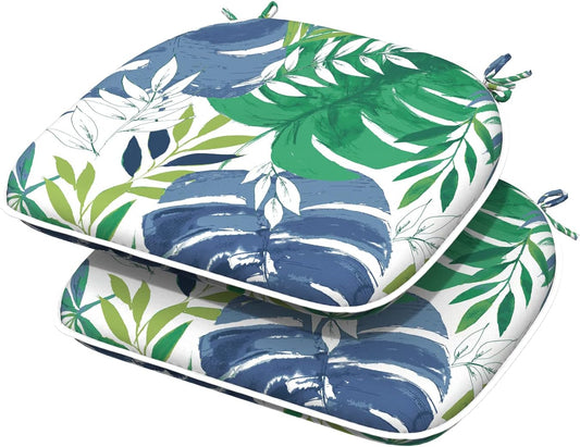 Indoor/Outdoor Chair Cushions 16x17 Inch, Patio Chair Cushions with Ties, All Weather Seat Cushions for Patio Furniture Home Garden Chair Use, Set of 2, Islamorada Blue Green