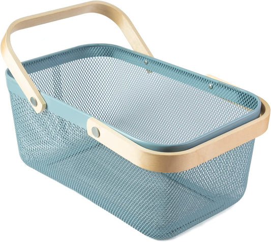 Portable Garden Harvest Basket-Mesh Design Natural Bamboo Handle Wire Storage Baskets,Mesh Basket with Handle Organize Items Reduce Space Occupation,Suitable for Kitchen,Garden,Picnic(Blue)