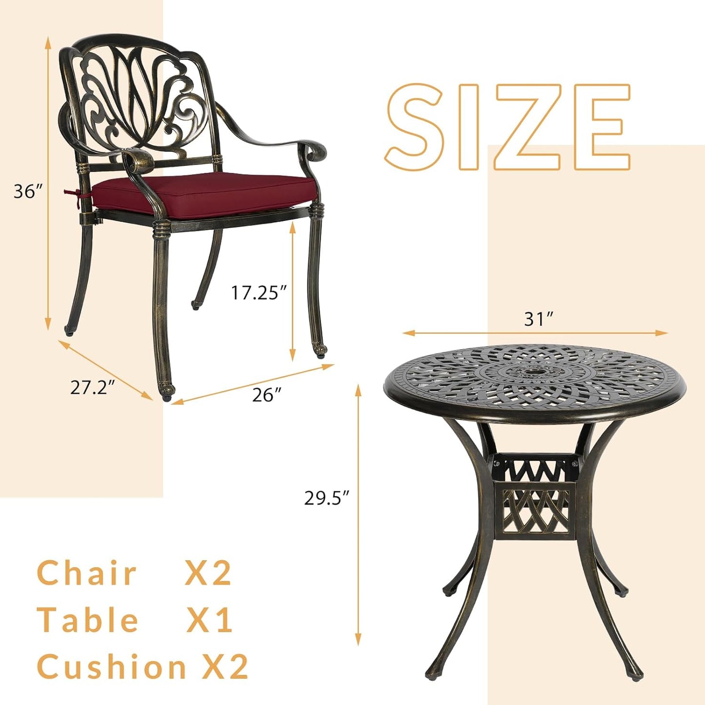 3-Piece Outdoor Patio Dining Set, All-Weather Cast Aluminum Patio Furniture Set for Backyard Garden Deck with 2 Cushioned Chairs and 31” Round Table, 2" Umbrella Hole, Chili Red