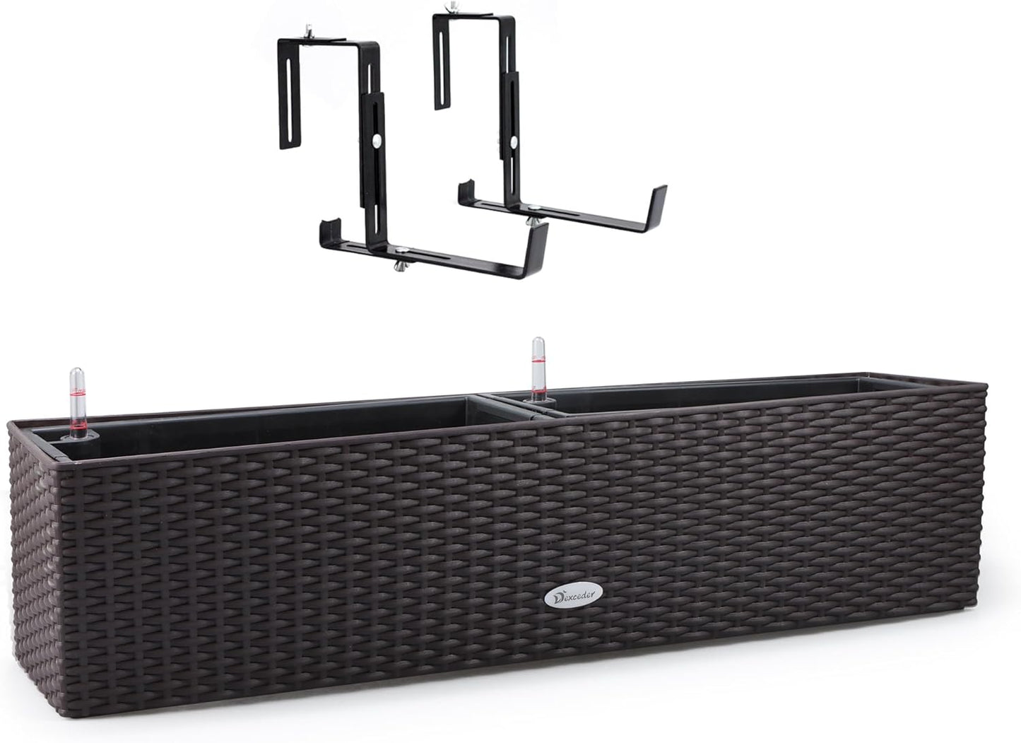 Dexceder 31.5 Inch Rattan Self Watering Planter Indoor Outdoor, Thickened Large Rail Flower Plant Pot Window Box with Water Level Indicators & Bracket (Brown)