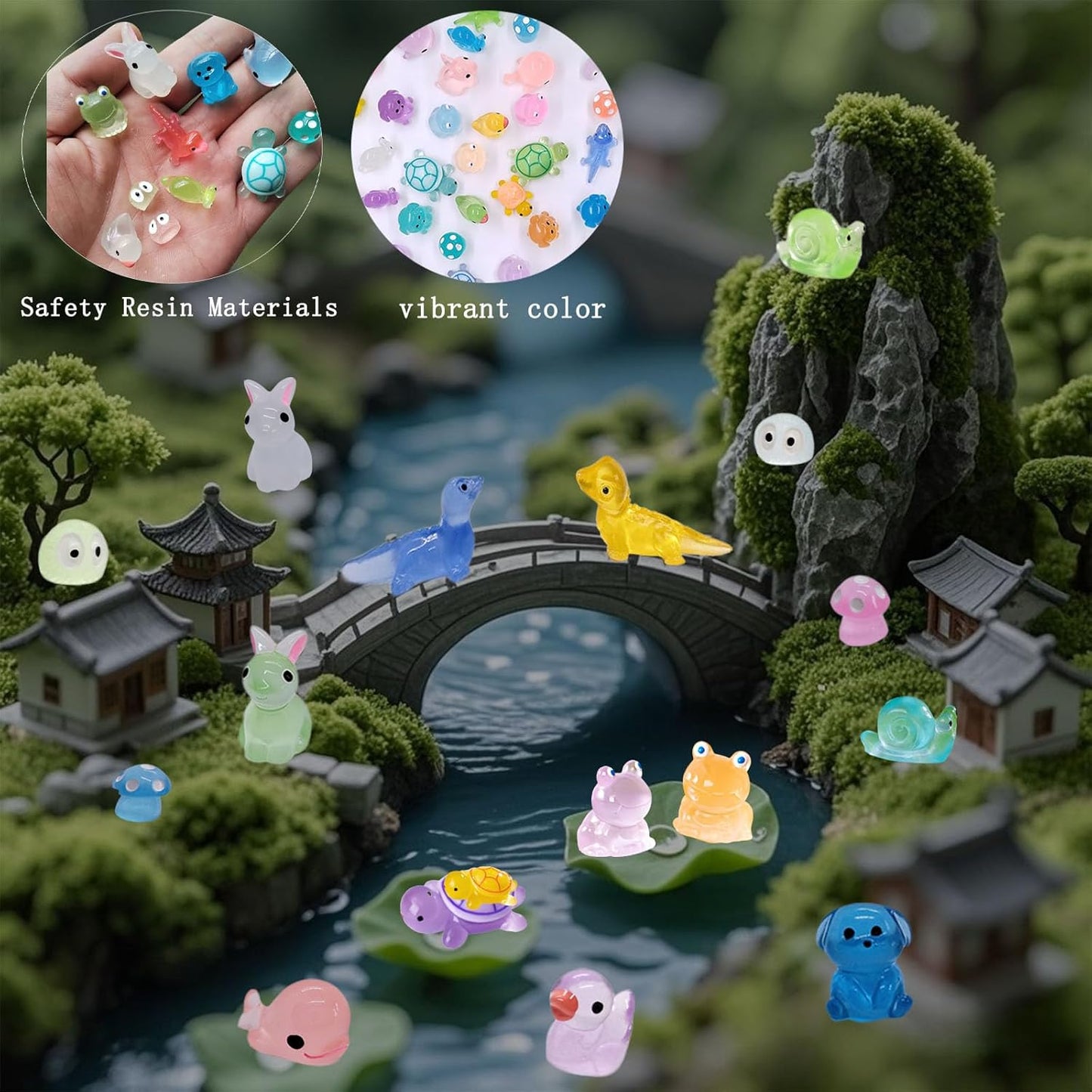 60pcs Mini Resin Animals Luminous Tiny Small Animals Figures Variety Pack Glow in The Dark Ducks Rabbits Ect 11 Type Little Figurines to Hide for Miniature Landscape Potted Fairy Garden & Aquarium