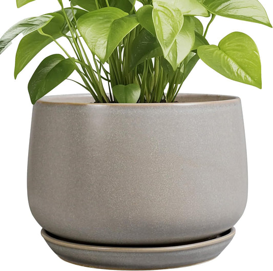 G EPGardening Ceramic Planter 9 Inch - Round Modern Plant Pots with Drainage and Plant Saucer Indoor Outdoor for Flower, Vanity Decor, House Gifts, Retro Grey