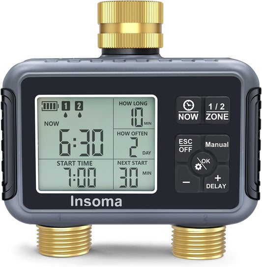 Insoma Water Timer with Brass Inlet & Outlet, 2 Independent Zones Outdoor Hose Timer for Garden Faucet with Auto/Manual/Rain Delay Mode, Sprinkler Irrigation Controller for Yard Lawn