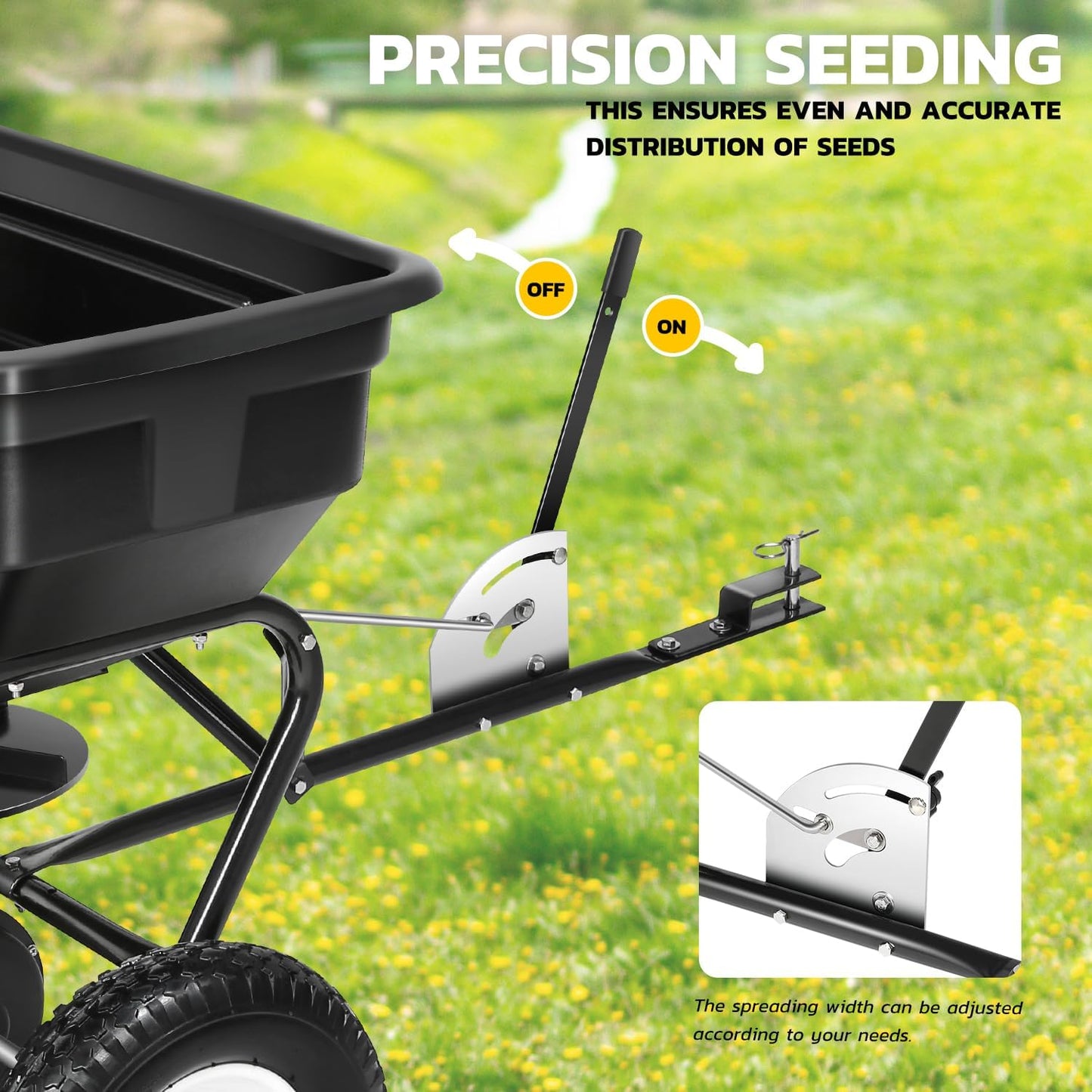 DNA MOTORING Tow Behind Broadcast Spreader, 125 LB / 60L Capacity, Multi Use Tool for Fertilizer, Grass Seed, Salt, Ice Melt, Lawn and Garden Seeder, with Wheels, with Wheels, TOOLS-00612