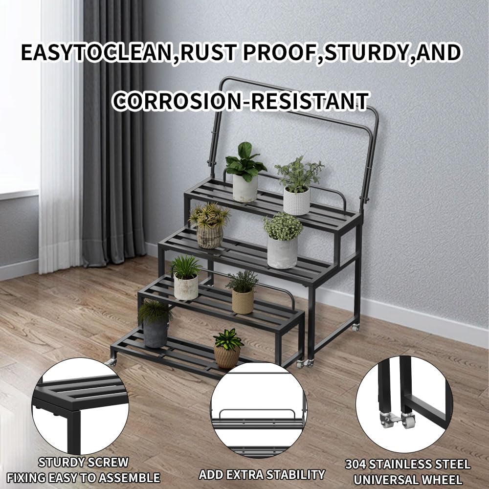 Metal Plant Stand for Outdoor Indoor, 4-Tier Aluminum Plant Stands, Multiple Plants Shelf with Universal Wheel, Flowers Pot Holder Rack for Lawn Garden Balcony Patio