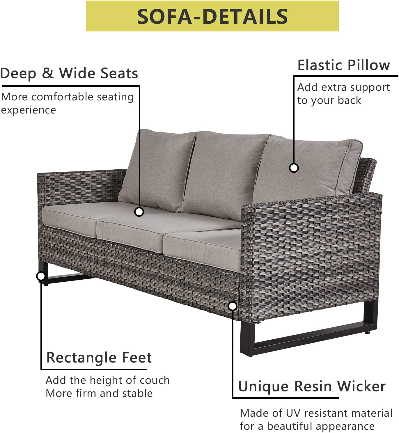 HUMMUH 7 Piece Patio Furniture with Fire Pit 30in 55,000 BTU,PE Wicker Outdoor Conversation Sets - Couch,Patio Chairs and Ottomans,Side Table for Porch,Garden,Backyard