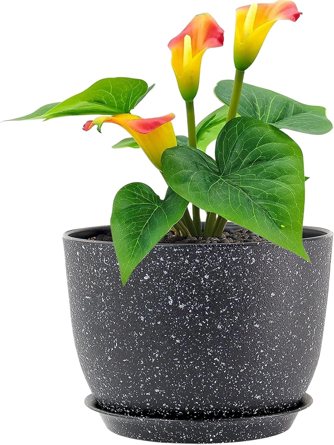 12 inch Big Plant Pots, Plastic Planters with Drainage Holes and Trays, Large Flower Pots for Indoor Outdoor Plants, Modern Decorative Pots for Garden House Plants, Speckled Black