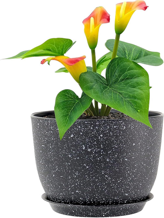 12 inch Big Plant Pots, Plastic Planters with Drainage Holes and Trays, Large Flower Pots for Indoor Outdoor Plants, Modern Decorative Pots for Garden House Plants, Speckled Black