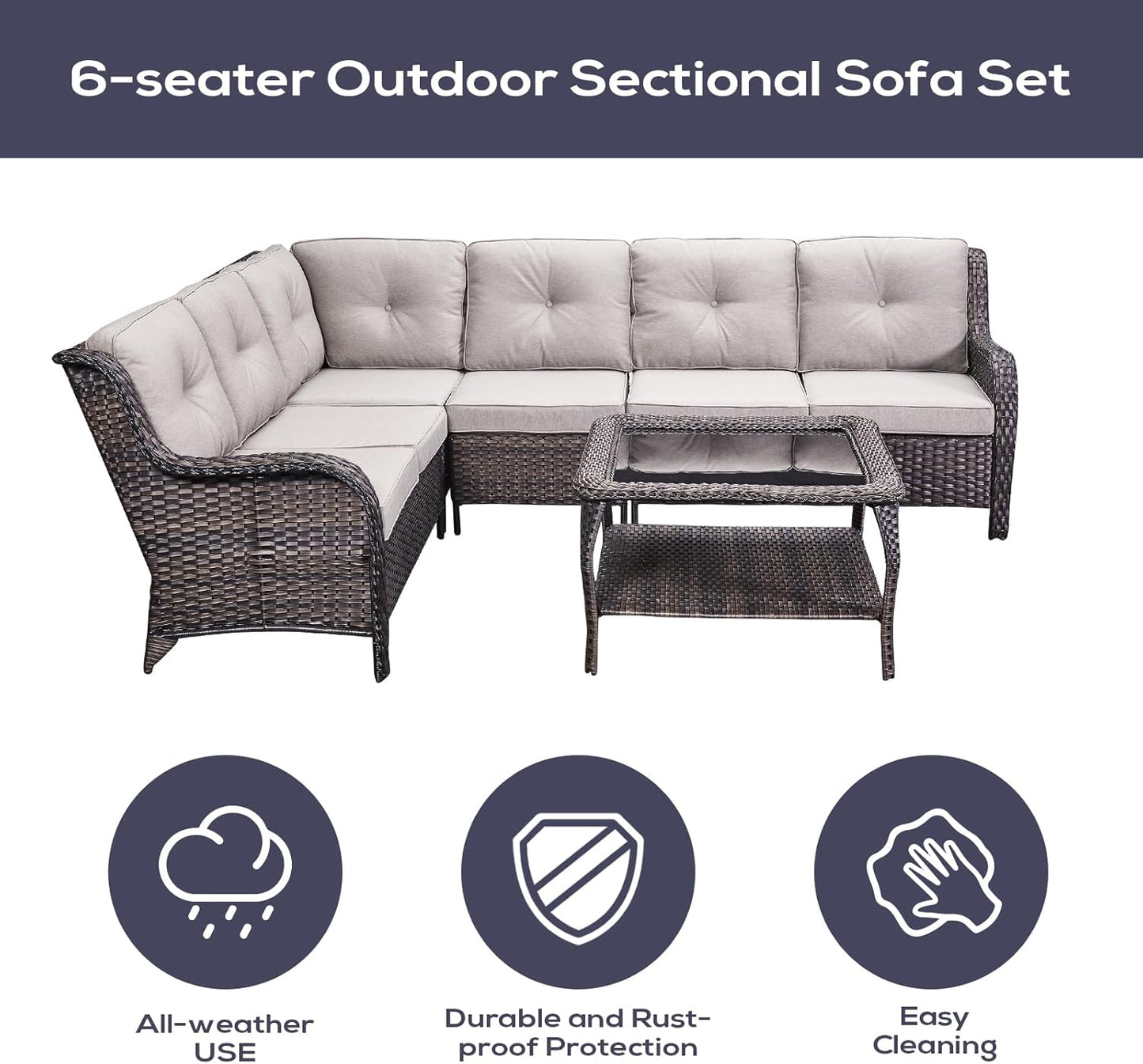 Outdoor Furniture Sectional Sofa L Shaped Couch - Patio Wicker Set with Coffee Table, 3 Piece Rattan Patio Conversation Sets with Beige Cushion for Deck Backyard Sunroom