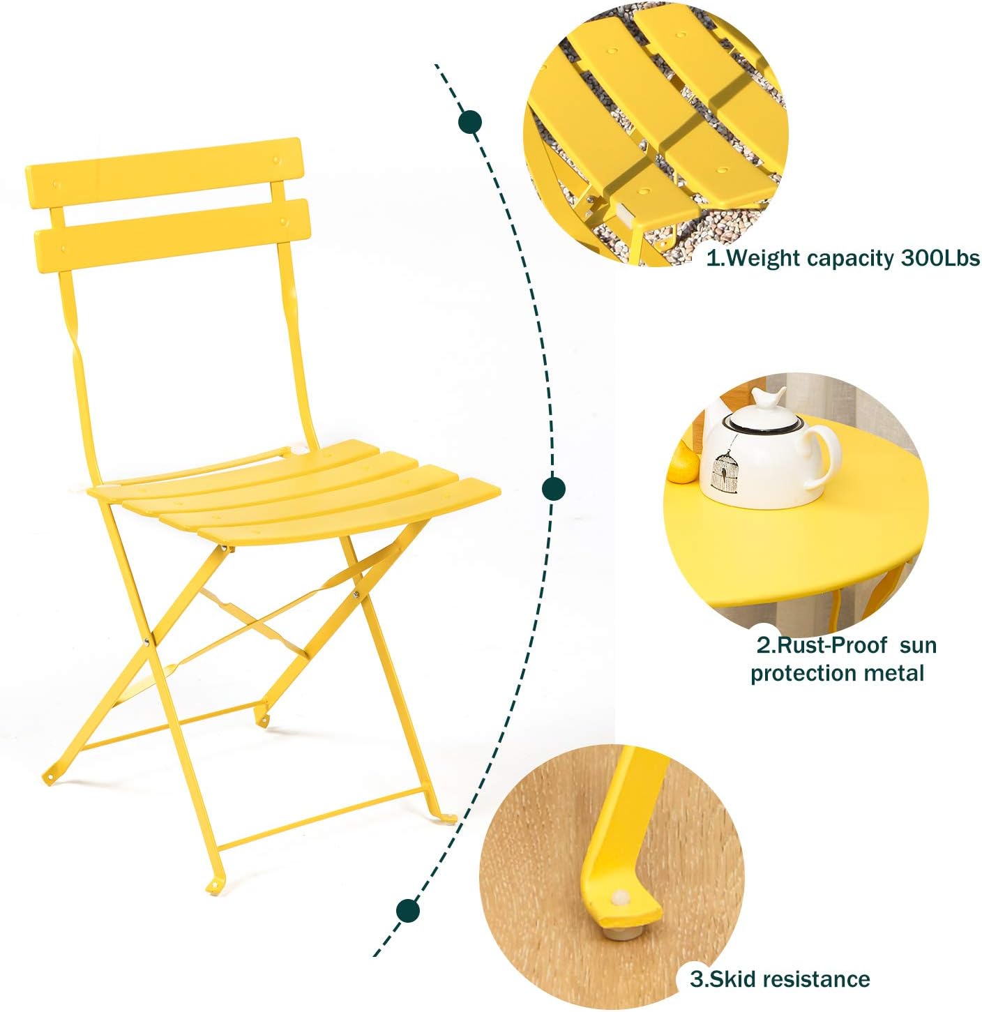 Grand patio 3-Piece Folding Bistro Set, 2 Chairs and 1 Table, Weather-Resistant Outdoor/Indoor Conversation Set for Patio, Yard, Garden-Yellow