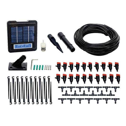 AEO Solar-Powered Automatic Watering Drip Irrigation System, 20 Adjustable Drippers, 65 ft for Balcony Greenhouse Raised Garden Bed