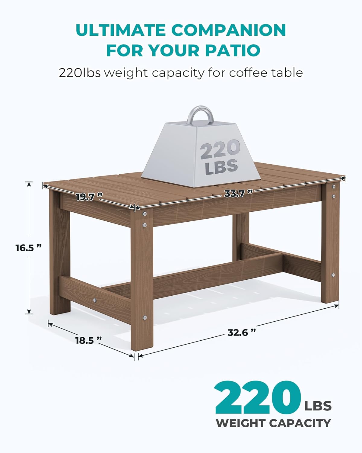 SERWALL Patio Coffee Table, HDPE Rectangle Outdoor Coffee Table, Brown