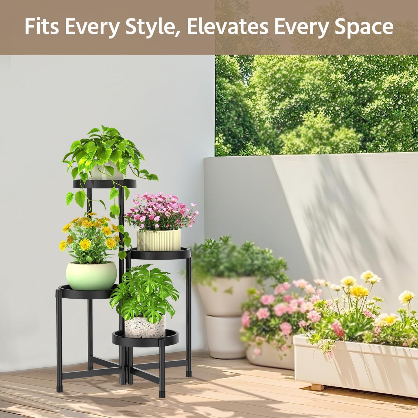 LASZOLA 4 Tiered Folding Plant Stand Indoor for Multiple Large Planter, Tall Heavy Duty Adjustable Rack with Rust Proof Plastic Shelving, Sturdy Vertical Tree Organizer for Narrow Inside Floor, Black