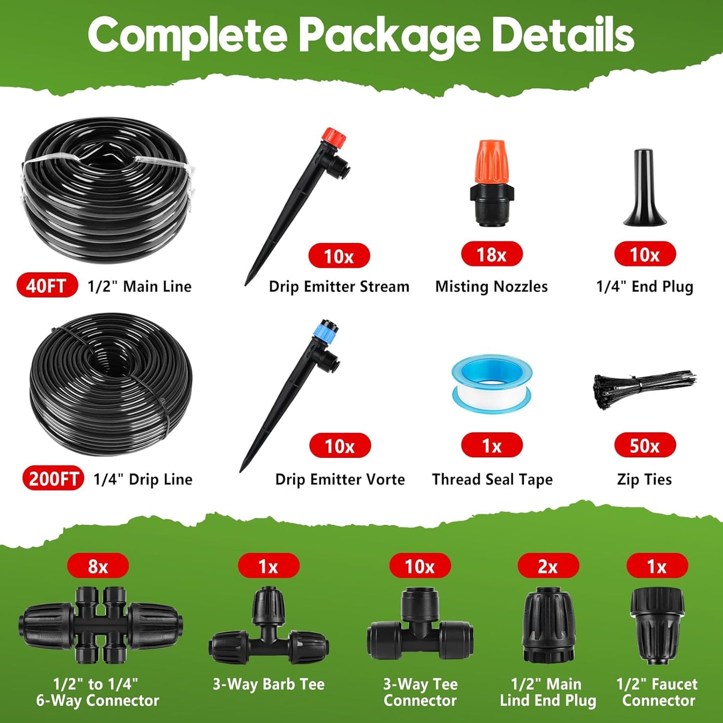 240FT Drip Irrigation System for Garden, 2025 Upgraded Quick-Connect Automatic Garden Watering System with 1/2" & 1/4" Tubing and Adjustable Nozzle Emitters for Greenhouse, Yard, Lawn, Raised Bed