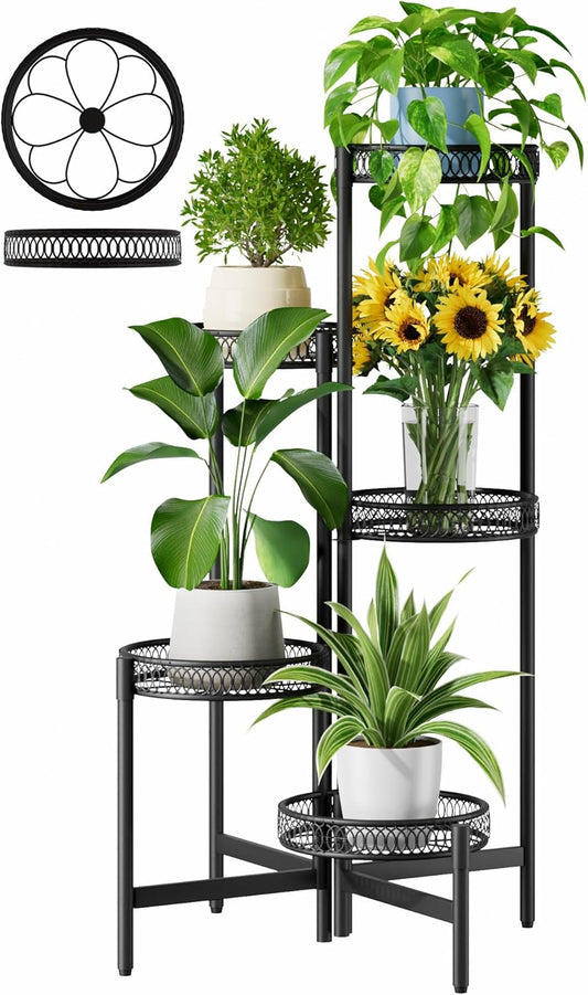 Plant Stand Indoor Outdoor, 5 Tier Corner Metal Flower Display Holder Stand, Folding Tall Plant Rack for Patio Balcony Porch Garden Living Room House, Heavy Duty Wrought Iron Plant Shelf - BlackFlower