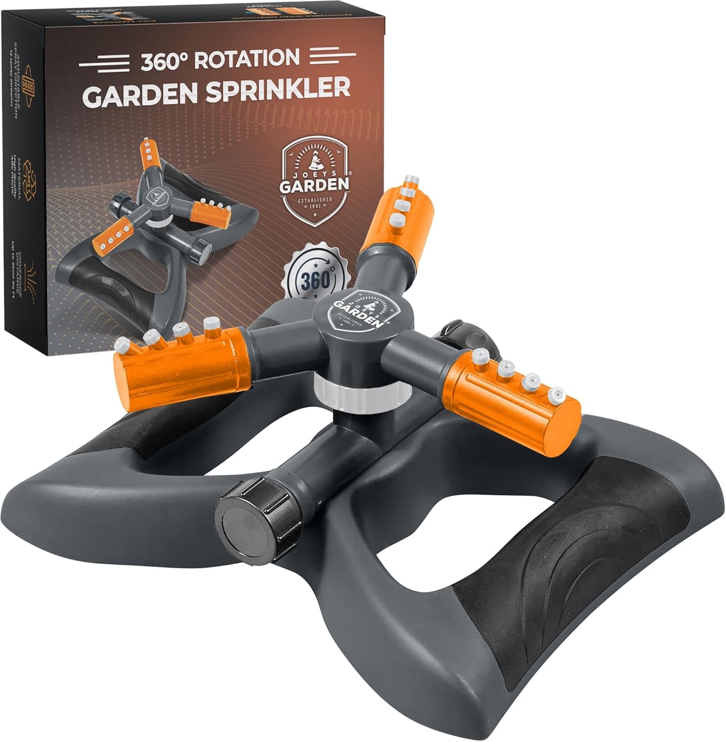 Joeys Sprinkler for Yard, Rotating Garden Sprinkler for Large Area Coverage, Lawn and Yard Sprinklers (Orange)
