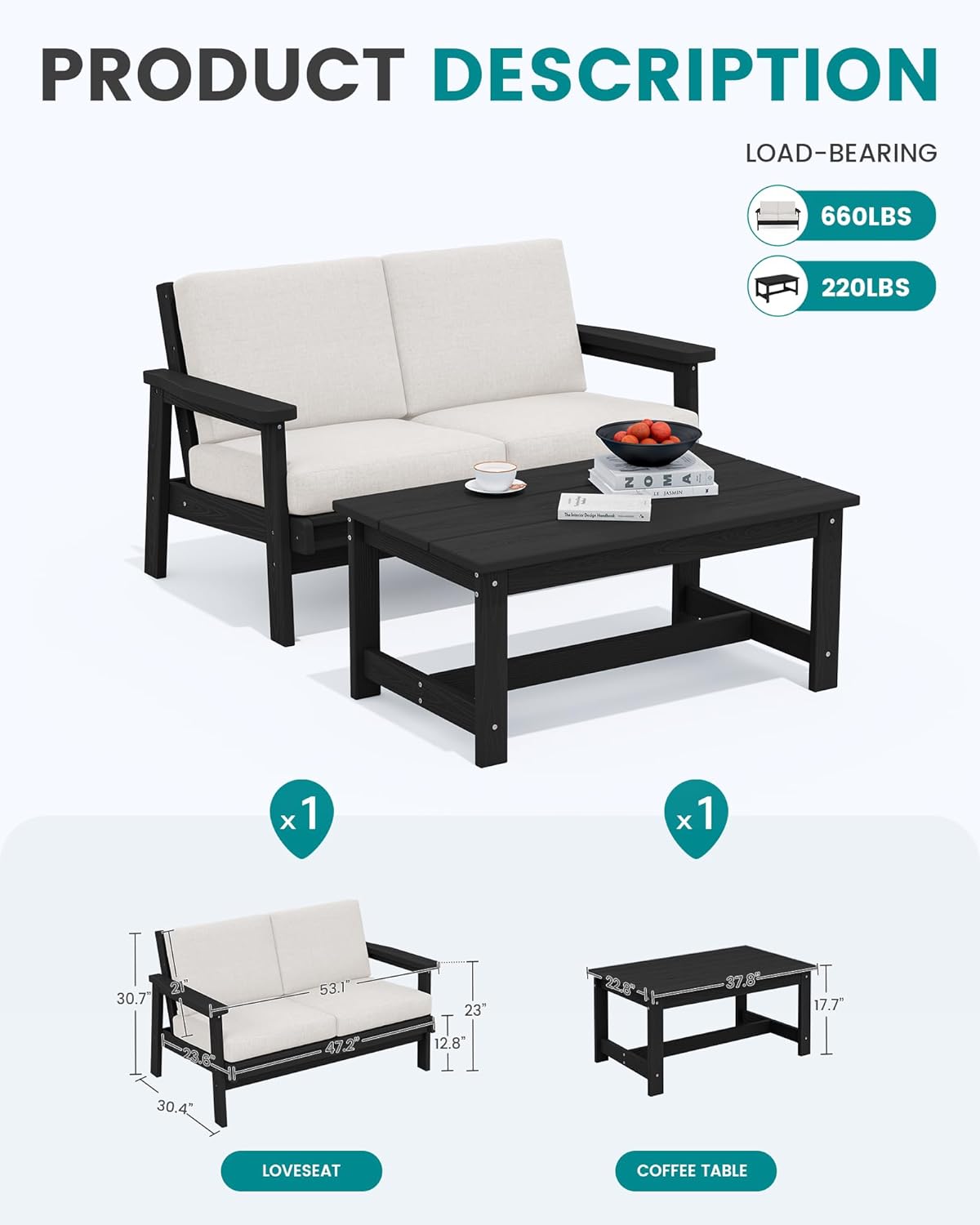 SERWALL Outdoor Loveseat, Black Frame and Khaki Cushion