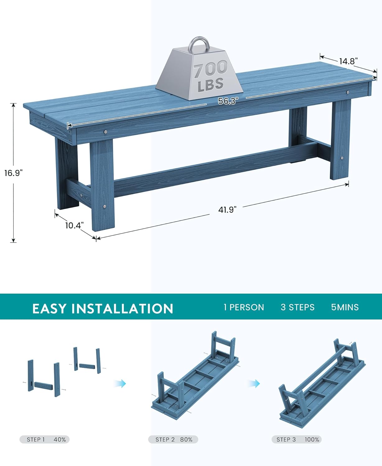 SERWALL Patio Dining Table and Bench Set for 6, Blue