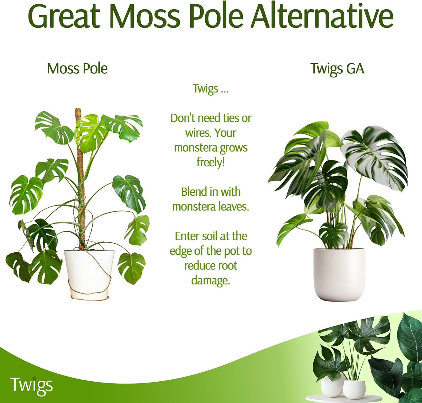 Stackable Monstera Plant Support Stakes, Climbing Plants Support Structures for Indoor & Outdoor Use, Garden Accessories, Alternative to Moss Pole - Monstera Green, 5 Pack, 17" L