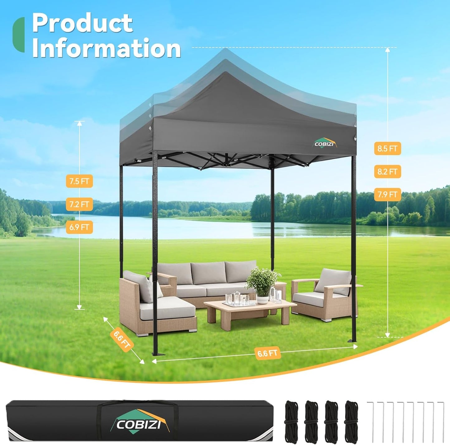 COBIZI 6.6x6.6 Pop up Canopy Heavy Duty Without Sidewalls, Easy Set-up Commercial Outdoor Party, 100% Waterproof Wedding Canopy Gazebo, 3 Height Adjustable with Carry Bag, Gray