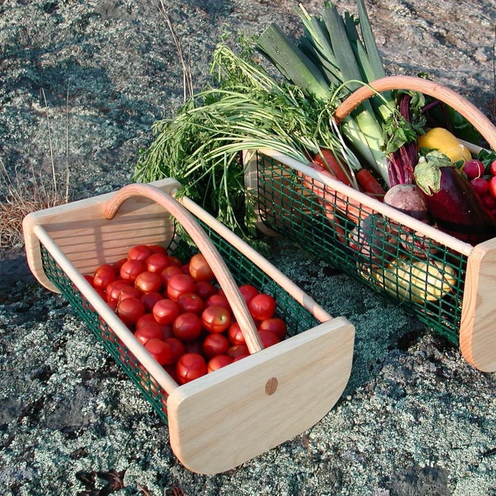 Maine Garden Hod Basket for Vegetable Gardening and Harvest Gathering or Farmhouse Decor, Pine and Oak with PVC Wire Mesh, USA Made, 16 x 9 in, 8 quart