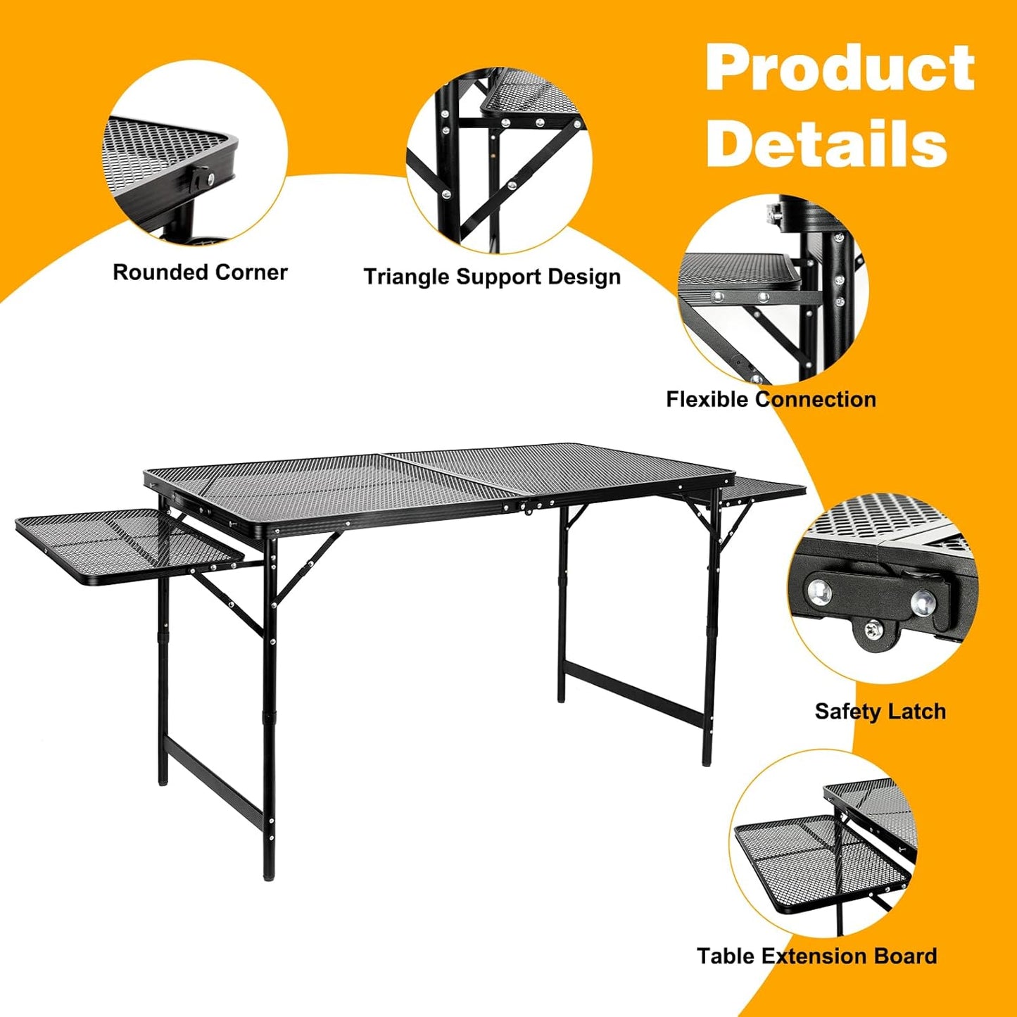 Grill Table Folding Table with 2 Wing Panels 4FT+1.77 FT with Mesh Desktop 3 Height Adjustable Portable Grill for Outdoor Indoor Beach BBQ Picnic Travel RV Black 69.3 x 23.62 inch