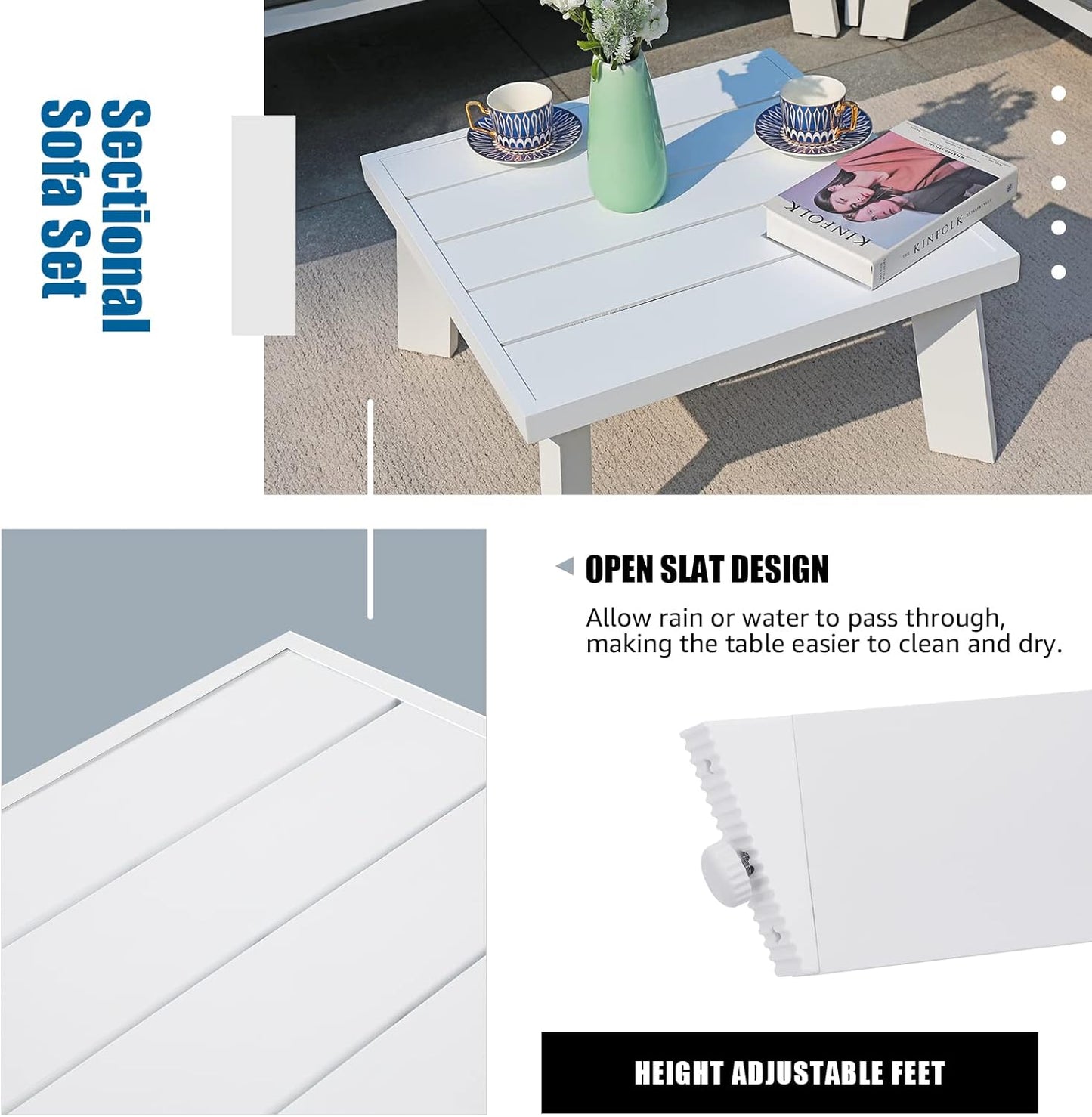 Soleil Jardin 4-Piece Outdoor Patio Furniture Set L-Shaped Aluminum Sectional Sofa with Coffee Table All-Weather Patio Conversation Set with Cushions, White