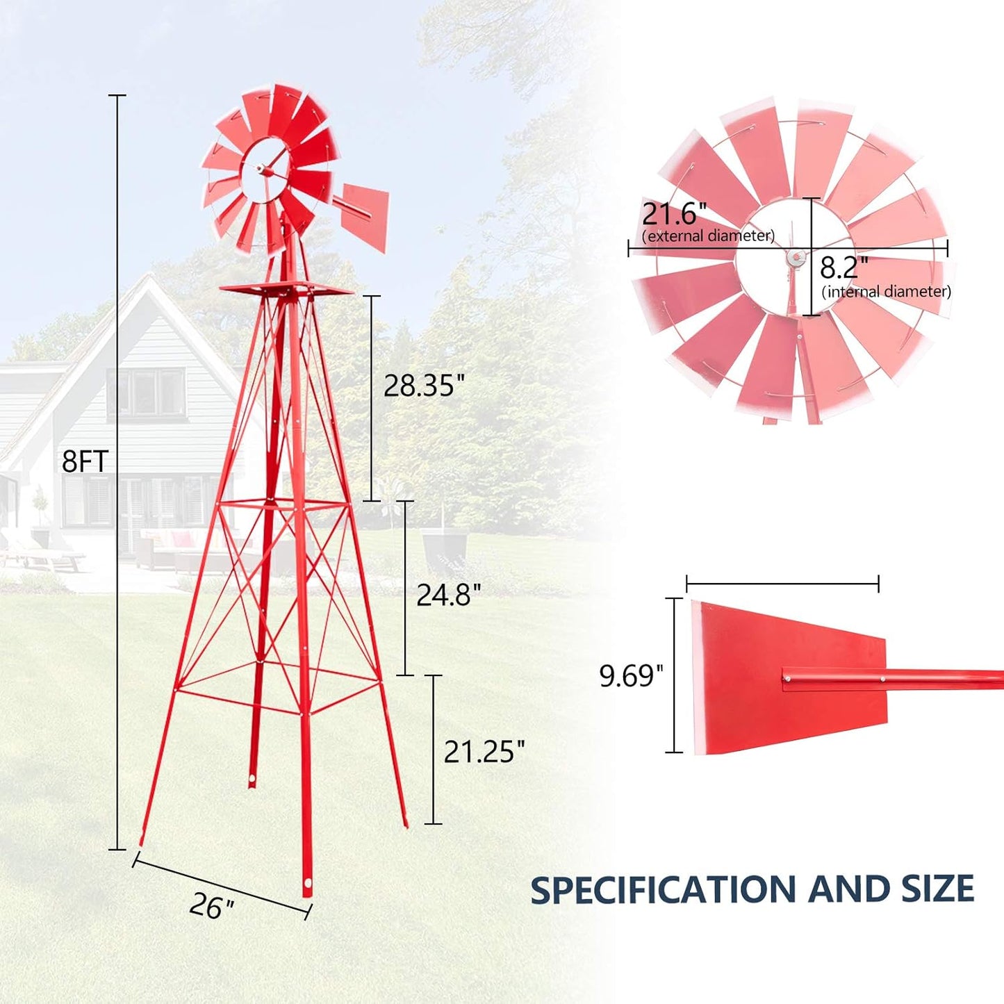 8ft Garden Windmill, Heavy Duty Durable Metal Weather Vane for Backyard, Ornamental Windmill for Yard Weather Resistant (Red, 8FT)