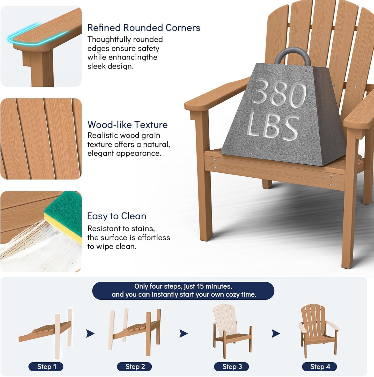 Stackable Adirondack Chair Set of 4, HDPE Outdoor Patio Chair - Durable and Space Saving, Suitable for Porches, Lawns or Garden, Teak