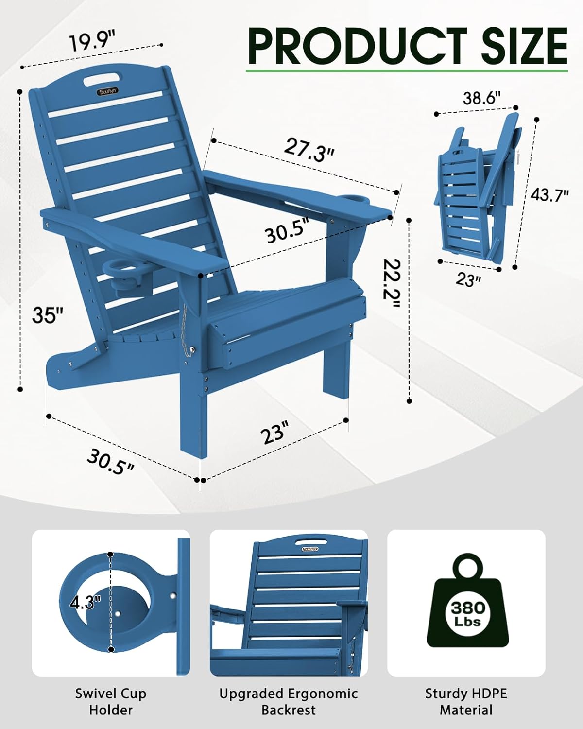 Folding Adirondack Chair HDPE All-Weather Adirondack Chairs with Cup Holder, Outdoor Fire Pit Chairs Lawn Chair for Deck Patio Garden (NavyBlue)