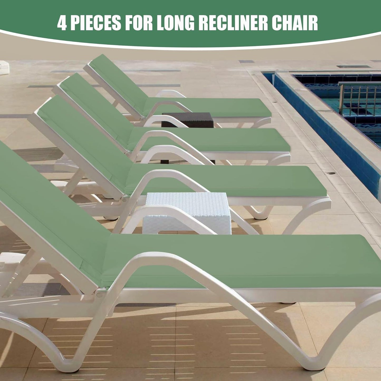 Chaise Lounge Cushions Outdoor Set of 4 - Waterproof and Fade Resistant Sun Lounger Replacement Cushions - Patio Lounger Pads with Removable Cover for Pool, Deck, 80 x 26 x 3 Inch, Sage Green