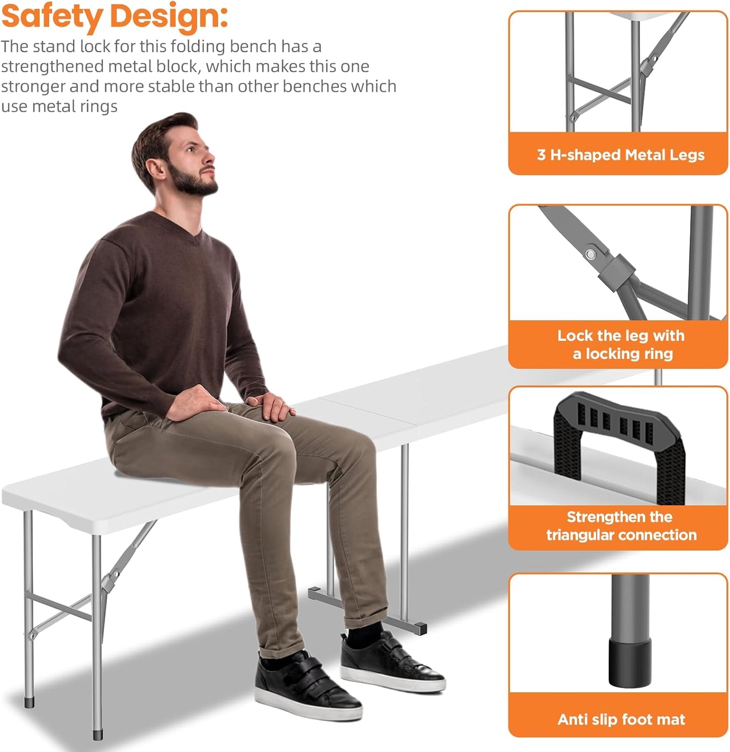 HLPB Folding Bench 6 ft, Foldable Plastic Bench with Handle and Smooth HDPE Tabletop, Protable in/Outdoor Picnic Party Camping Dining Seat, 2 Pack, White