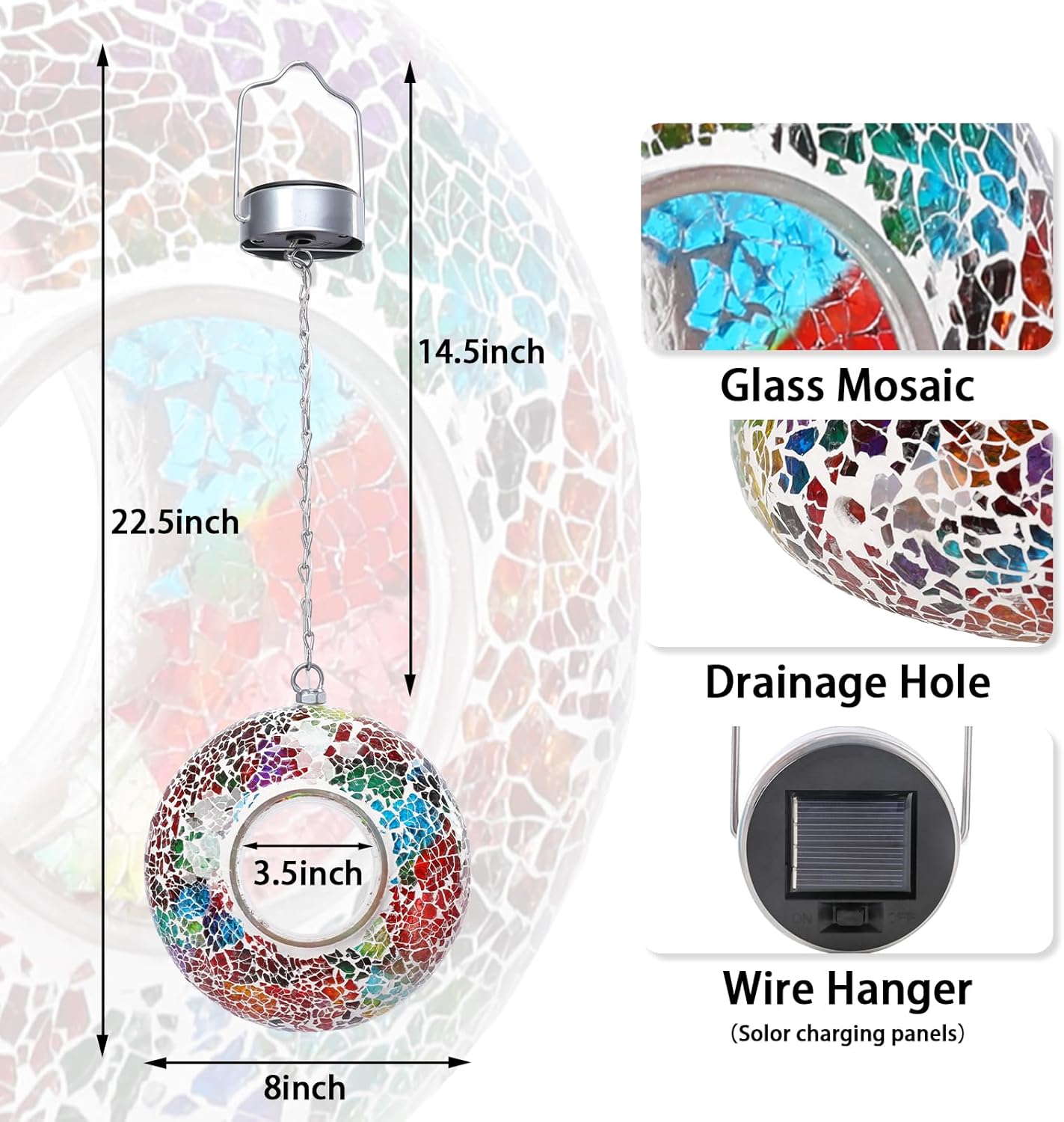 Mosaic Bird Feeders for Outside Hanging with Round Shape Glass Container Fly Through Solar Bird Feeder for Garden Decor (Multicolor)