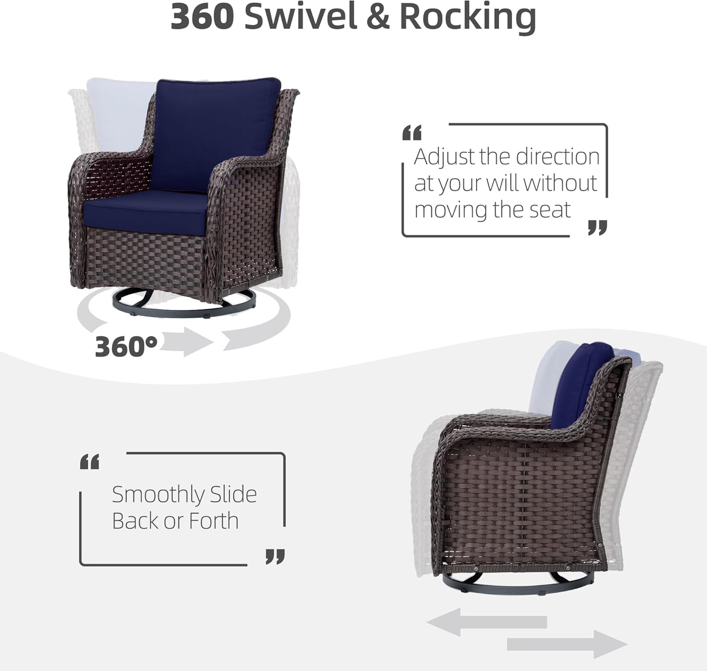 Towallmark Outdoor Swivel Wicker Glider Patio Chairs with Table Set, 3 Pieces Outdoor Bistro Set with 4”Thick Cushions and Coffee Table for Porch, Balcony, Deck (Blue)