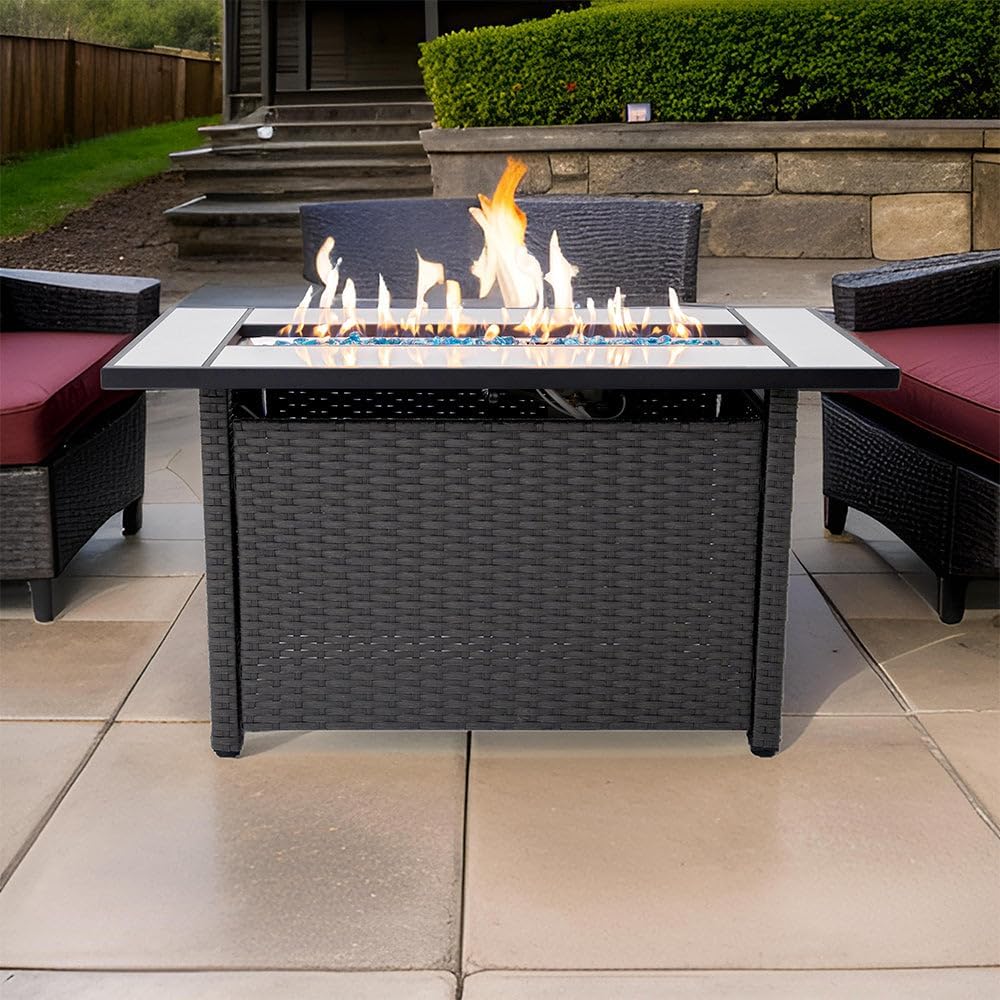 Tirana Propane Fire Pit Table 45" Outdoor Firepit 50,000 BTU Firepits for Outside with Lava Rocks and Removable Lid Metal Fire Pit Outdoor Fireplace Propane Fire Pits for Outside CSA Certified