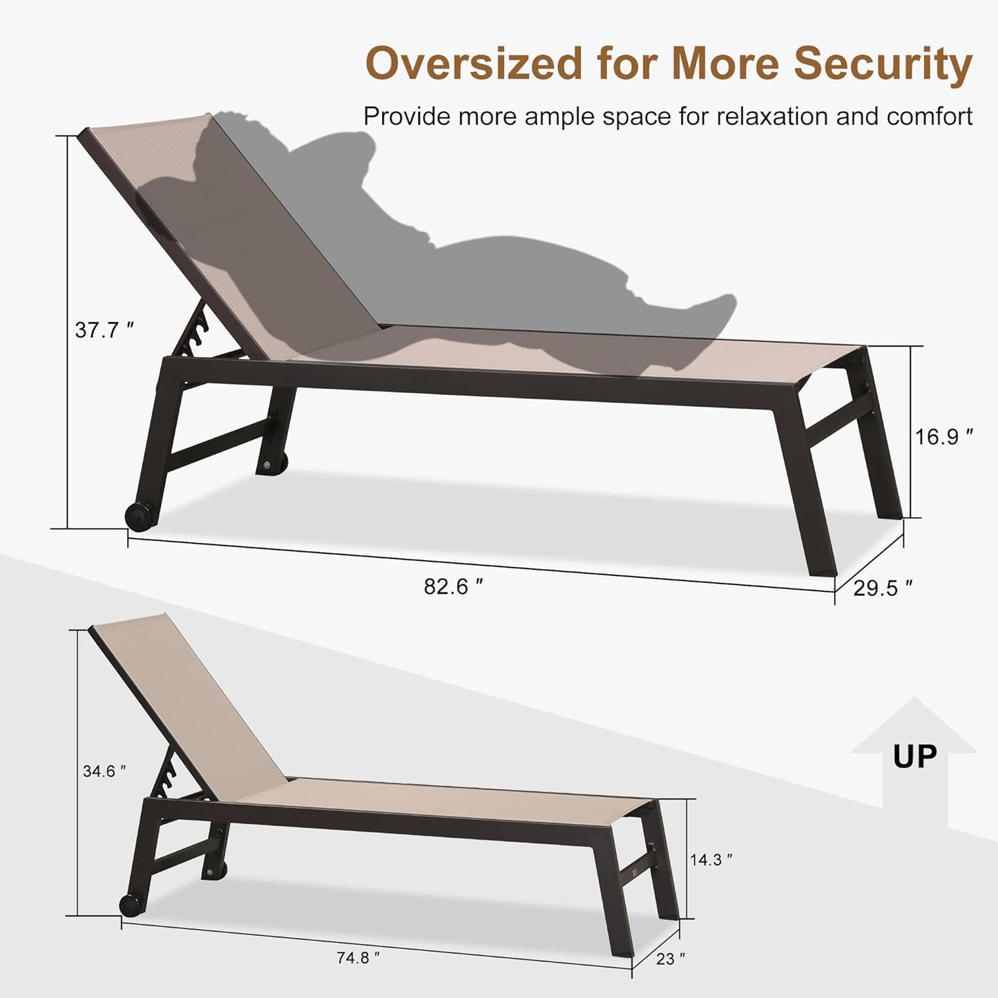 PURPLE LEAF Oversized Patio Lounge Chairs Set of 3, Reclining Pool Lounge Chairs with Side Table and Wheels for All Weather for Outdoor, Deck, Lawn, Aluminum Outside Pool, Sand Beige