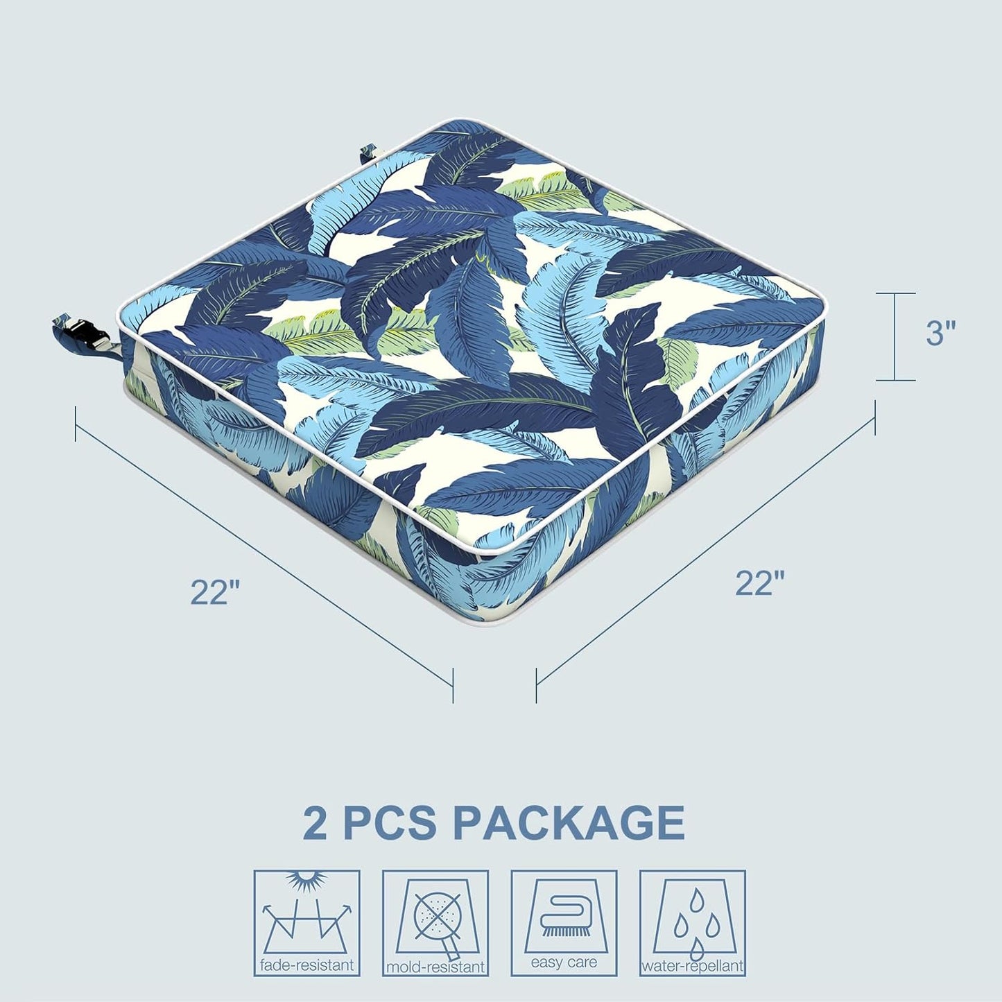 LVTXIII Patio Chair Cushions 22"x22"x3", Water-Repellent Outdoor Seat Cushions for Patio Furniture, Square Chair Pads with Ties for Home Garden Decoration, Set of 2, Swaying Palms Blue