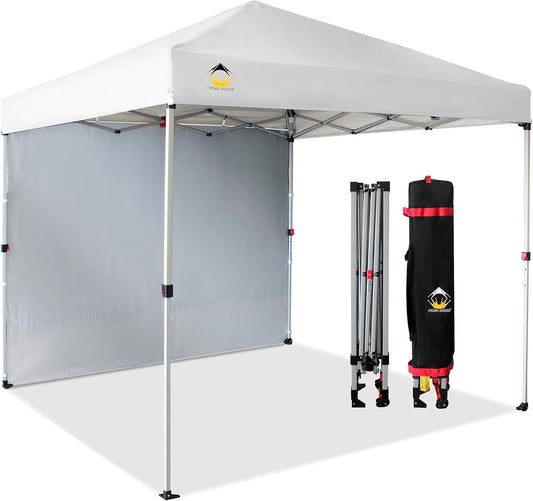 CROWN SHADES 8x8 Pop Up Canopy with 1 Side Wall - Beach Tent with One Push Setup - Outdoor Sun Shade for Events, Parties, Camping - Gazebo with STO-N-Go Cover Bag (White)