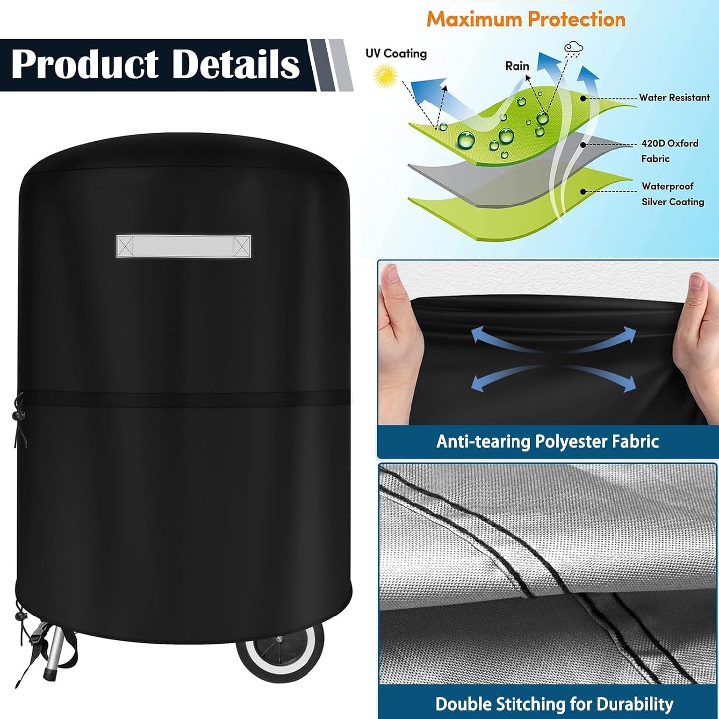 22 inch BBQ Gas Grill Cover for Outdoor Grill, Grill Cover for Weber 22 Inch Charcoal Kettle - Heavy Duty Waterproof Anti-UV Barbecue Cover for Weber Char-Broil 22 Inch Charcoal Kettle Grills, Black