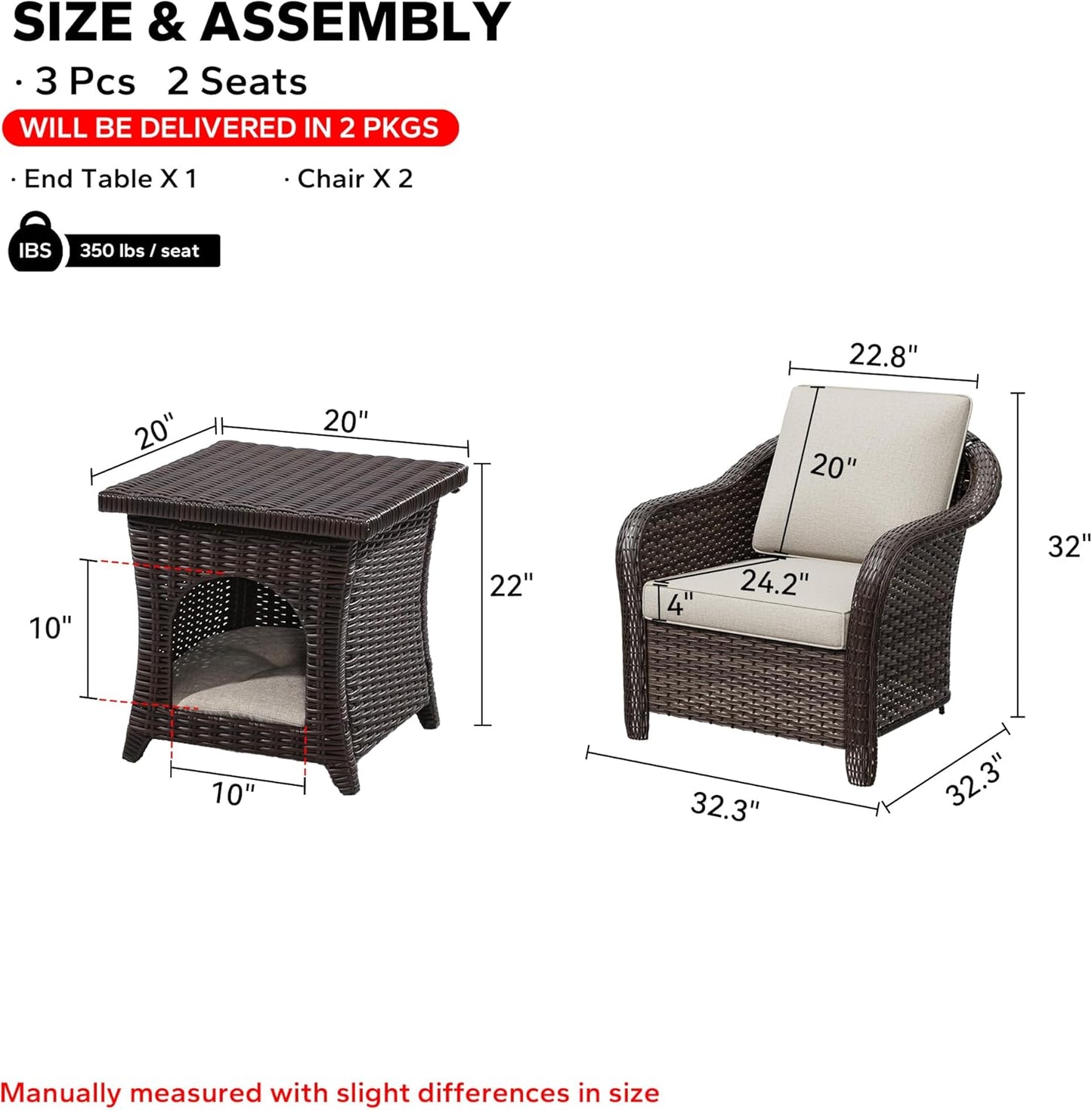 Patio PE Rattan Chairs Set of 2 with Cat Nest End Table, All-Weather & Steel Frame Outdoor Conversation Furniture Set with Washable Cushions for Garden, Bistro, Deck, Yard (Beige)