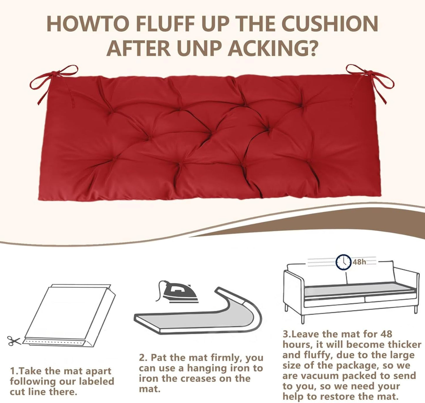 47.3 in Waterproof Indoor/Outdoor Garden Bench Seat Cushions，Thicken Patio Bench Soft Rocking Chairs Pad Lounger Seat for Wicker Loveseat Settee（47.3 X 19.6 X 3.9 inch，Red ）