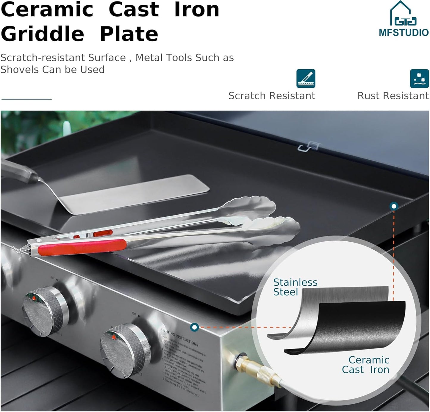 MFSTUDIO 27 Inch Flat Top Propane Gas Griddle Grill, Ceramic Coated Cast Iron Pan, Outdoor Flattop Grill with Lid for Cooking