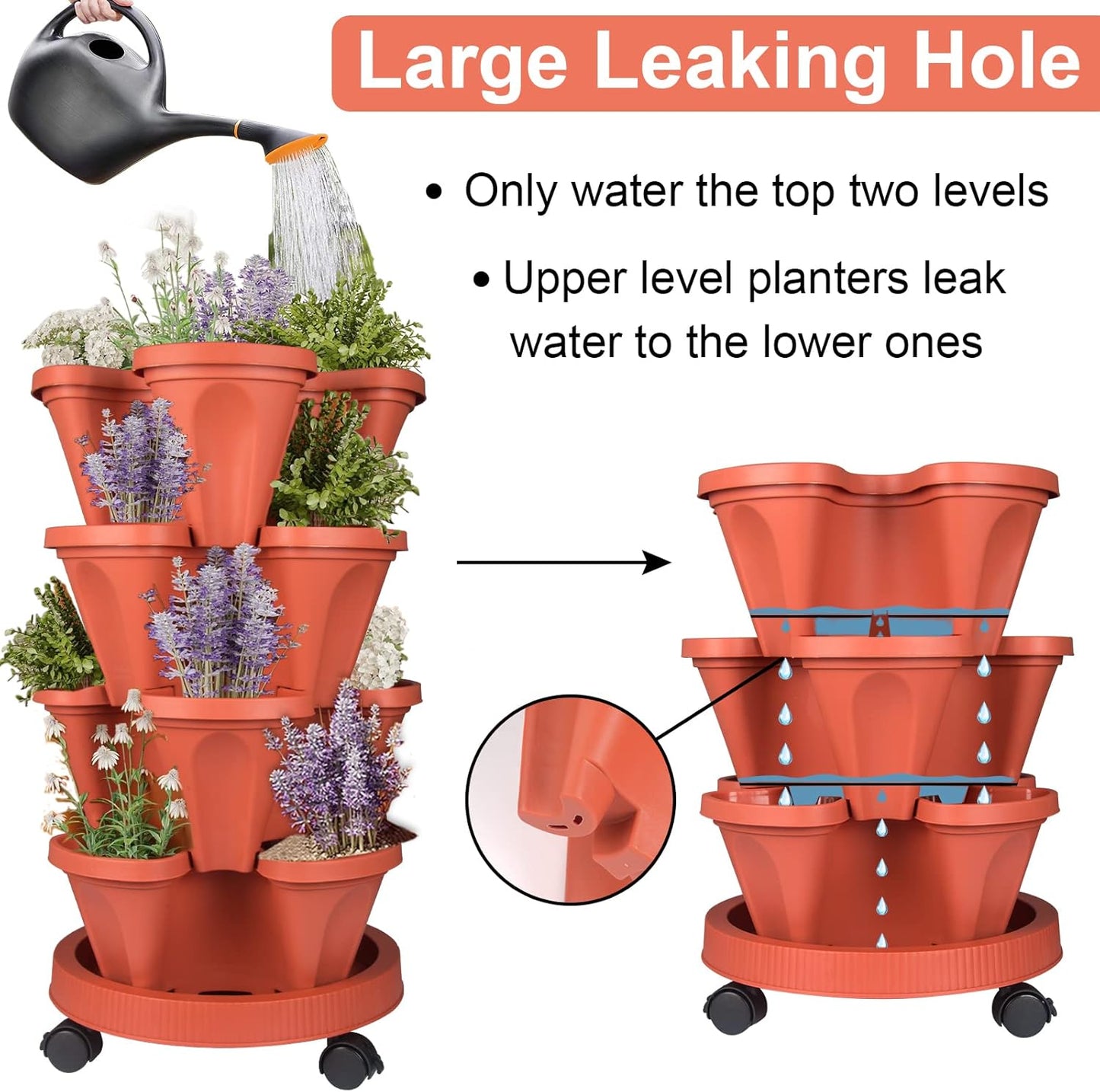 DUNCHATY Stackable Planters 4 Tier Vertical Garden Planting Tower Planters Strawberry, Herb, Flower, and Vegetable Planter Indoor Outdoor Gardening Pots with Removable Wheels and Tools, 2 Bundle