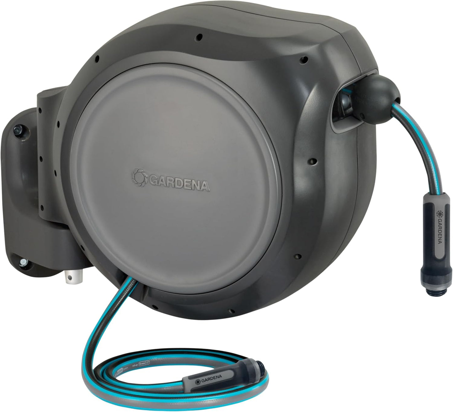 GARDENA 20505, 100' Retractable Garden Hose Reel with US Hose Threads - 100' x 1/2" hose, Automatic Retraction & Length Lock for Easy Watering. Heavy Duty Swivel Bracket 180°, Includes Nozzle.