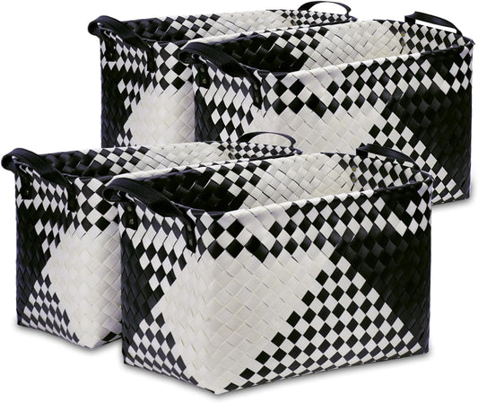 BROWNLILY Handwoven Clothes Basket Laundry Hampers Large Wicker Storage Baskets for Shelves Blankets Closet Storage Bins Car Bedroom Bathroom Organizers and Storage Bath (Pack of 4, Beige & Black)